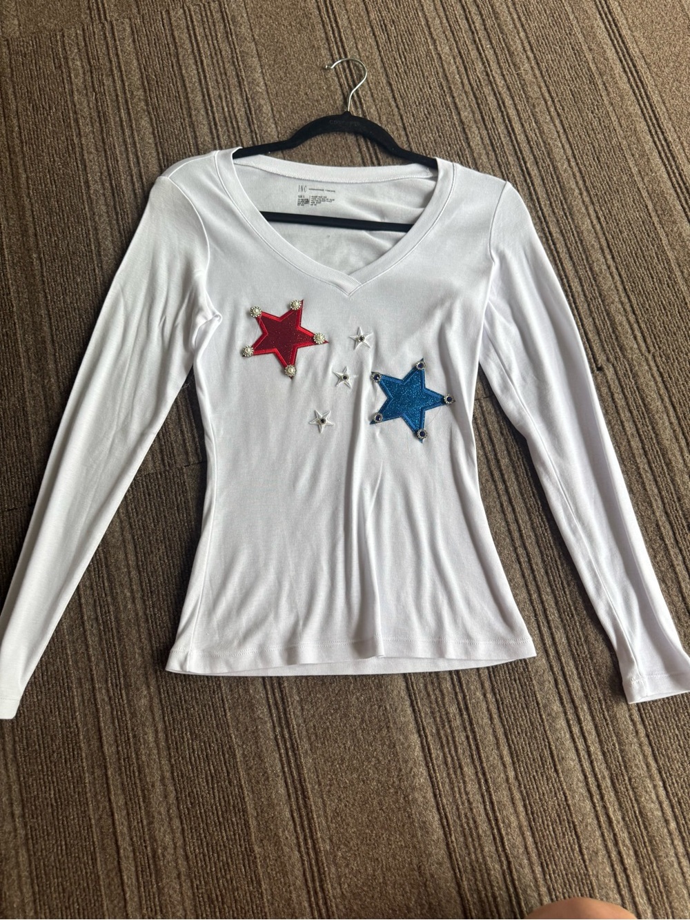 White Long Sleeve V-Neck Top with Red & Blue Star Appliqués